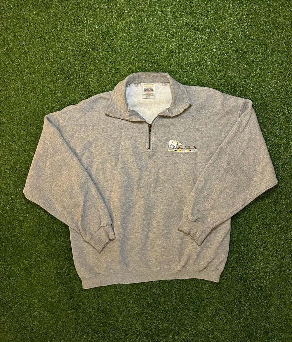 Vintage 1990s Tultex Alaska Polar Bear Quarter Zip Sweatshirt Size XL Gray